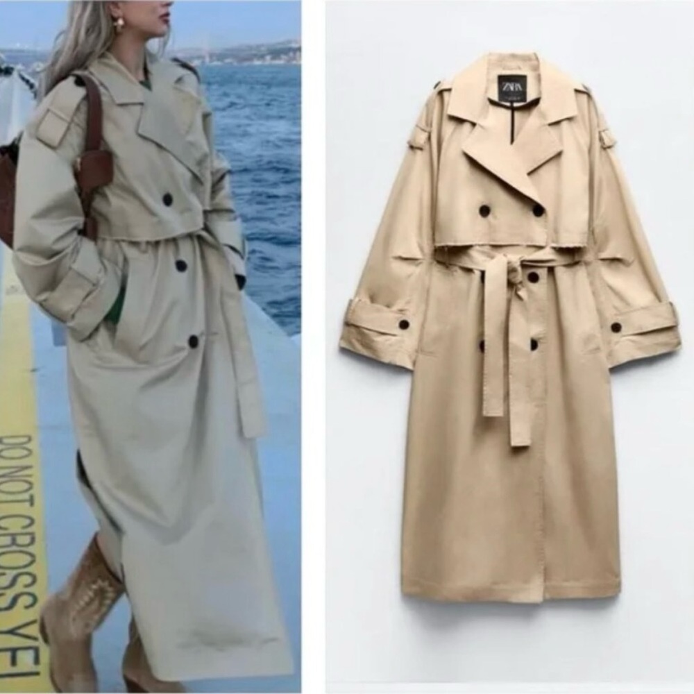 New Zara Extra Long Gabardine Trench Coat Light Camel